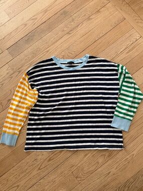 J. Crew Striped Crewneck Top with Colorblock Sleeves - Navy, Yellow & Green XL